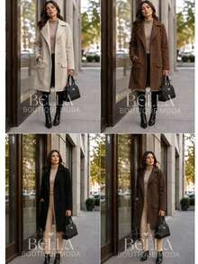 Women's Long Wool Coat, Parka, Or Overcoat, Elegant And With Front Button Closure. - 黑色 - 查看 3