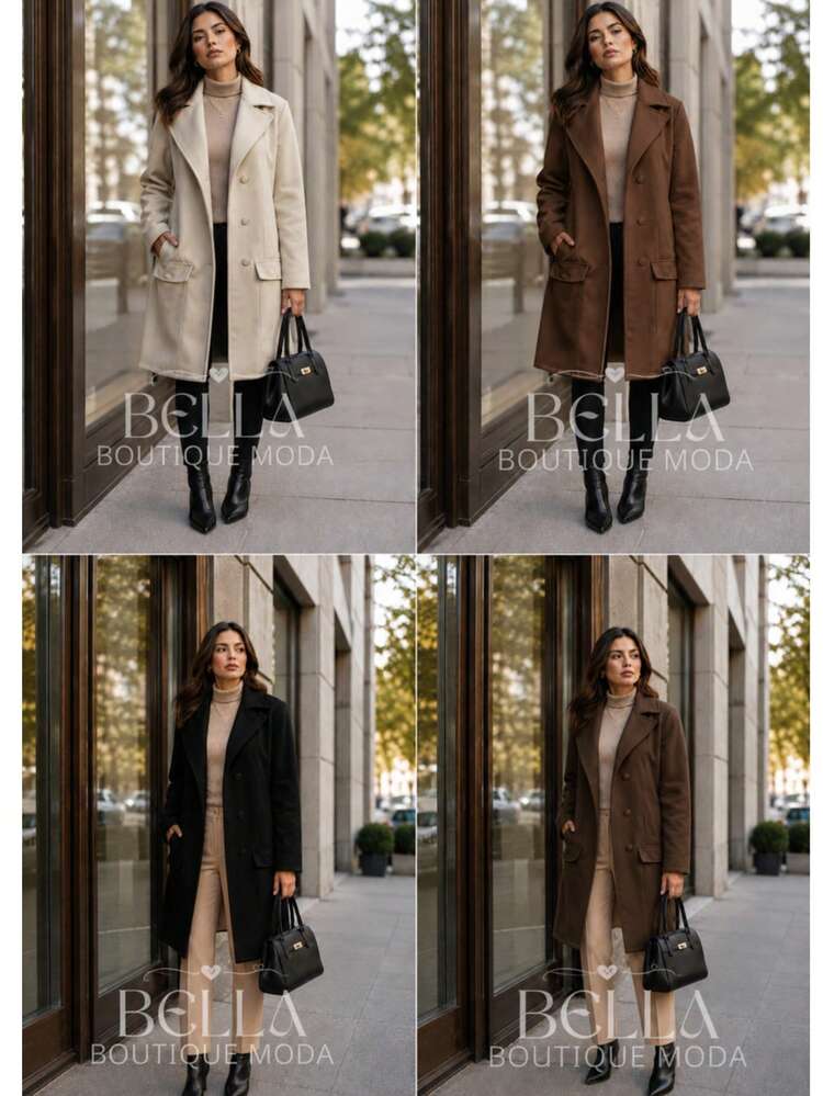 Women's Long Wool Coat, Parka, Or Overcoat, Elegant And With Front Button Closure. - 黑色 - 查看 3