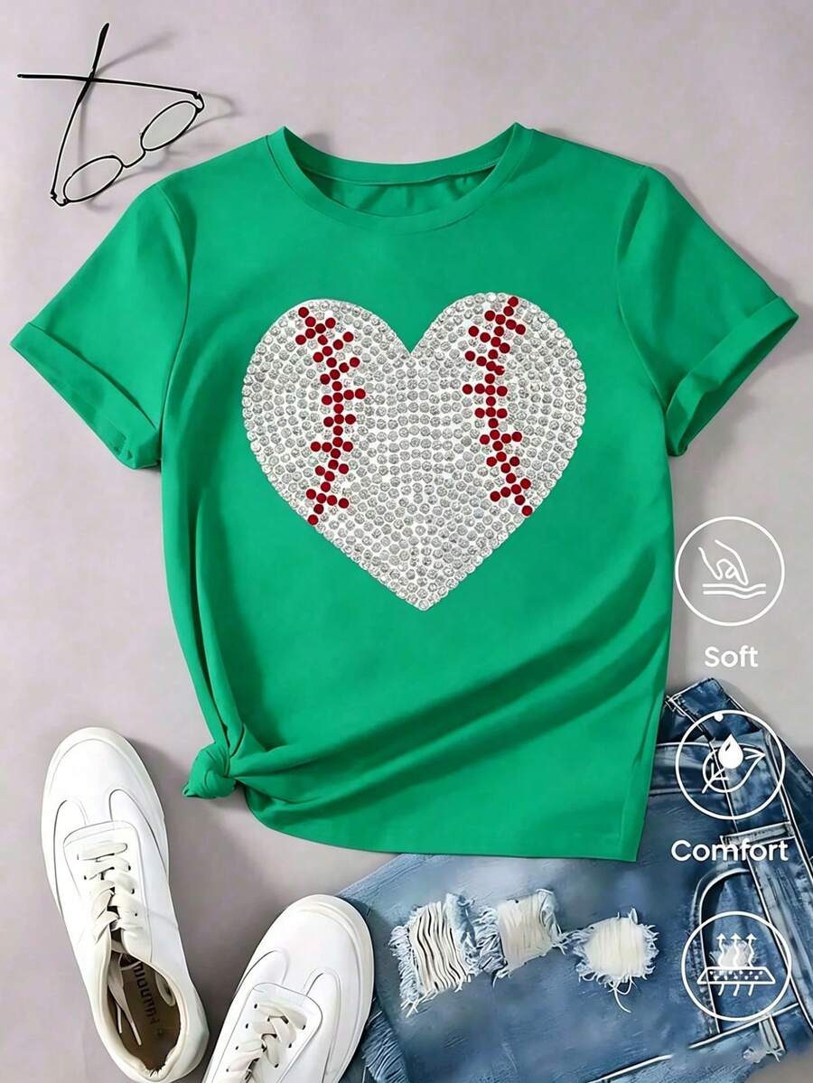 Women's White T-Shirt With Sequin Baseball Heart, Shiny Aesthetic T-Shirt With Red Stitching, Sports Top For Game Day, Fashionable Casual Blouse For Baseball Fan - 綠色 - 查看 1