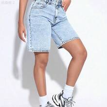 xuehuamaoyi02  PETITE Short bermuda de mezclilla para mujer, de corte holgado y casual, con bolsillos - Azul - Ver 5