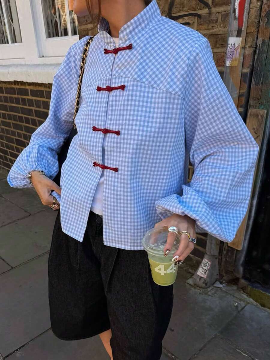 新款時尚優雅格紋女款襯衫,日常約會旅行度假假期四季皆宜休閒百搭設計上衣 - 藍色 - 查看 1