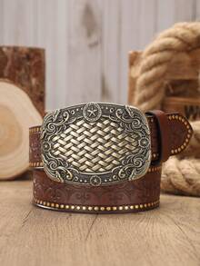 1pc Men's Western Style Large Buckle PU Leather Embossed Belt, Suitable For Jeans (Includes Hole Punching Nails) - BH1134 - View 1