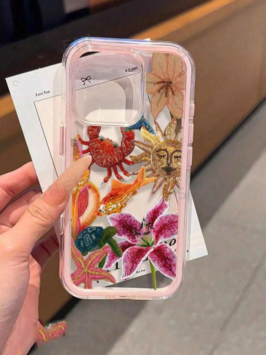 1個粉色珠飾金魚百合極簡個性化TPU防震全包覆手機殼,適用於Apple 17 16 15 14 13 12 11 Pro Max Air 保護殼 - 彩色 - 查看 1