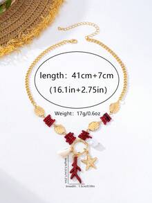 1pc Fashionable Multi- Ocean Series Metal Shell & Red Coral Beaded Necklace, Suitable For Beach Vacation, Gathering, Seaside Party, Travel - Multicolor - View 4