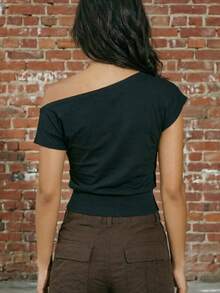 Women Off Shoulder T-Shirts Solid Color Short Sleeve Cinched Waist Cropped Going Out Tops For Summer - Black - View 6
