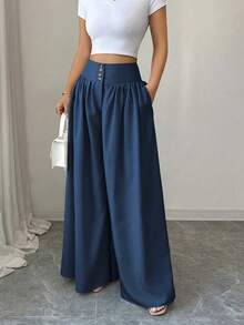 New 2026 Model: Women's Slim-Fit Wide-Leg Trousers With Pockets, Ideal For Spring/Summer. - 藏青色 - 查看 4