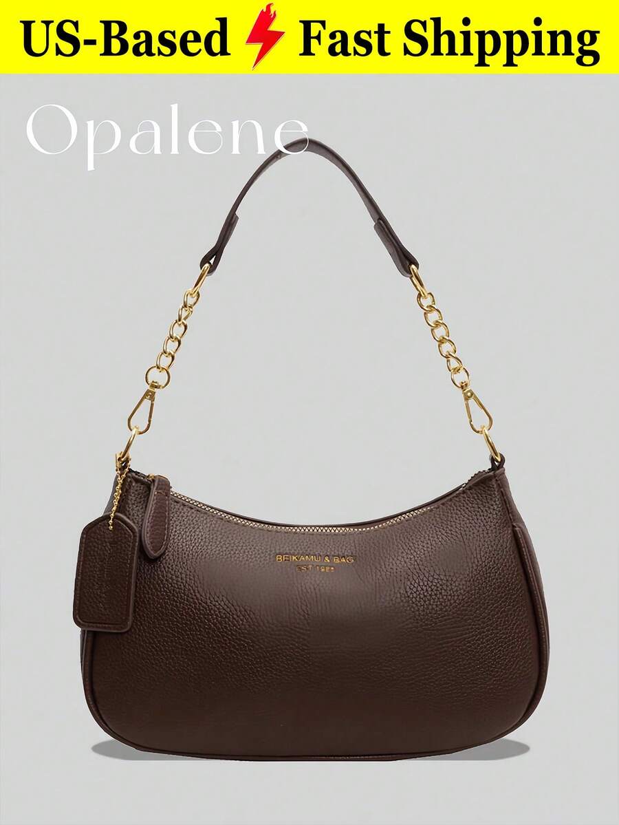 Retro Solid Color Shoulder Crossbody Bag For Women Crescent Pebbled Leather Office Purse Metal Chain Armpit Handbag For Commuting Travel Essentials - Coffee Brown - View 1