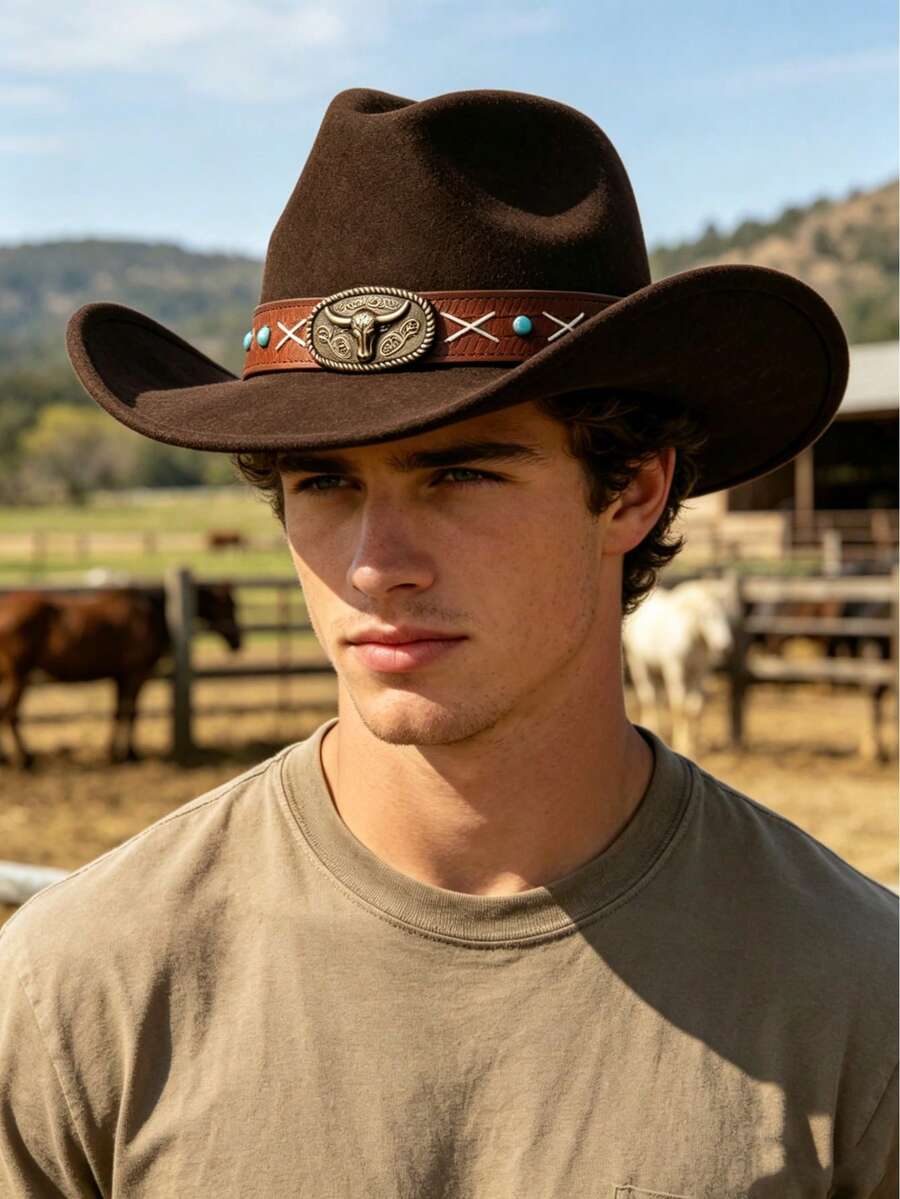 1pc Unisex Western Cowboy Hat, Felt Hat, Riding Hat, Summer Sun Protection Hat, Simple And Stylish. Suitable For Daily Wear, Parties, Outdoor Riding, Western Theme Events, Cosplay, Music Festivals And More. - Blue Pearl Brown Leather Top Hat - View 1