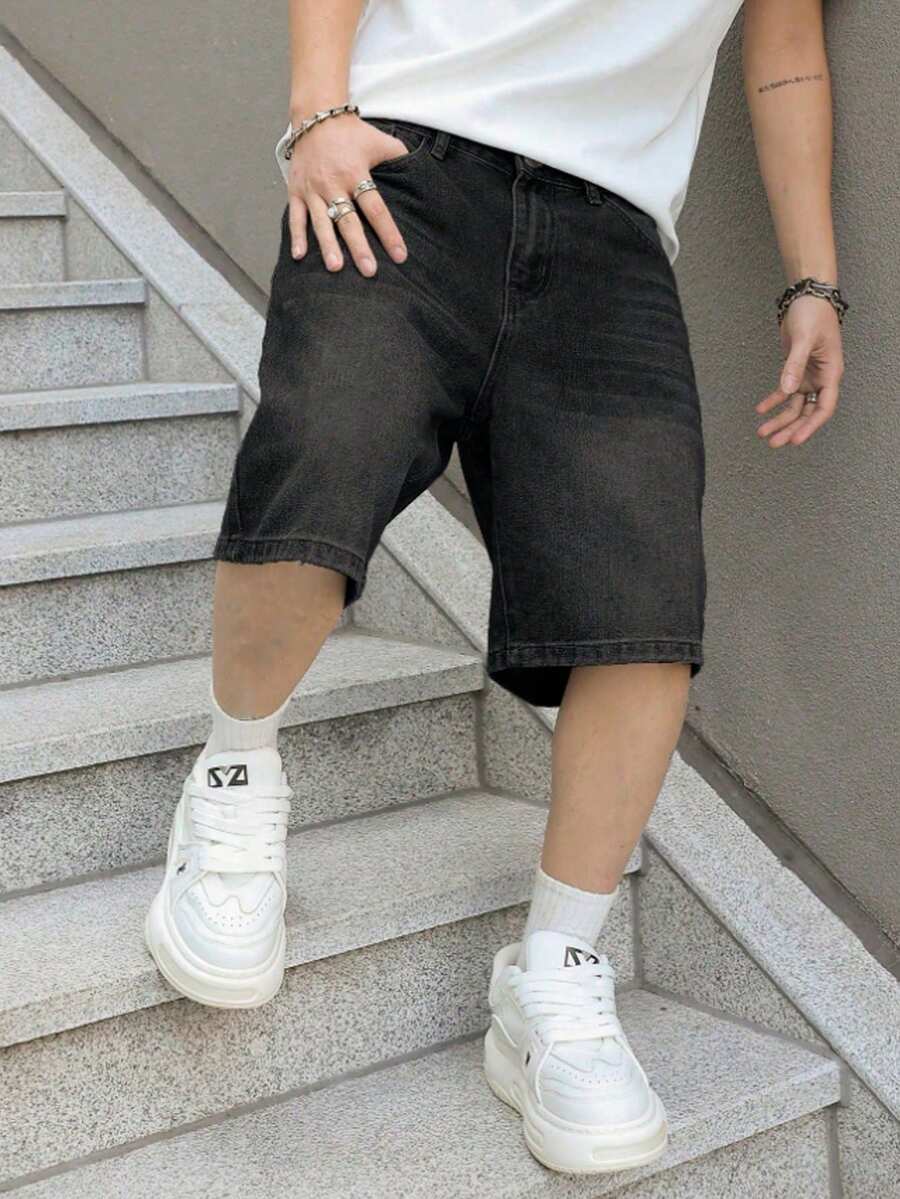 青少年时尚宽松直筒牛仔短裤 - 黑色 - 查看 1