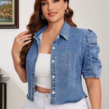 jianchaimaoyi02  Chaqueta vaquera casual de mujer con manga corta de pétalos y abotonadura sencilla, blusas y tops para mujer, camisas de trabajo - Azul - Ver 4