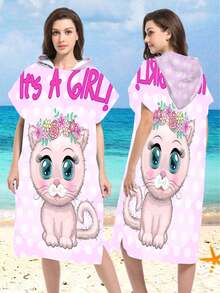 1pc Rainbow Unicorn & Blue Polka Dot Kitten Print Polyester Hooded Poncho, Oversized Beach Towel - Vibrant Unicorn Design, Beach Wrap, Soft & Durable Polyester Robe, Suitable For Swimming, Travel And Beach Vacation, Unisex Bathrobe, Beach Towel, Women Robe, Travel Decor, Casual Decor - Multicolor - View 5