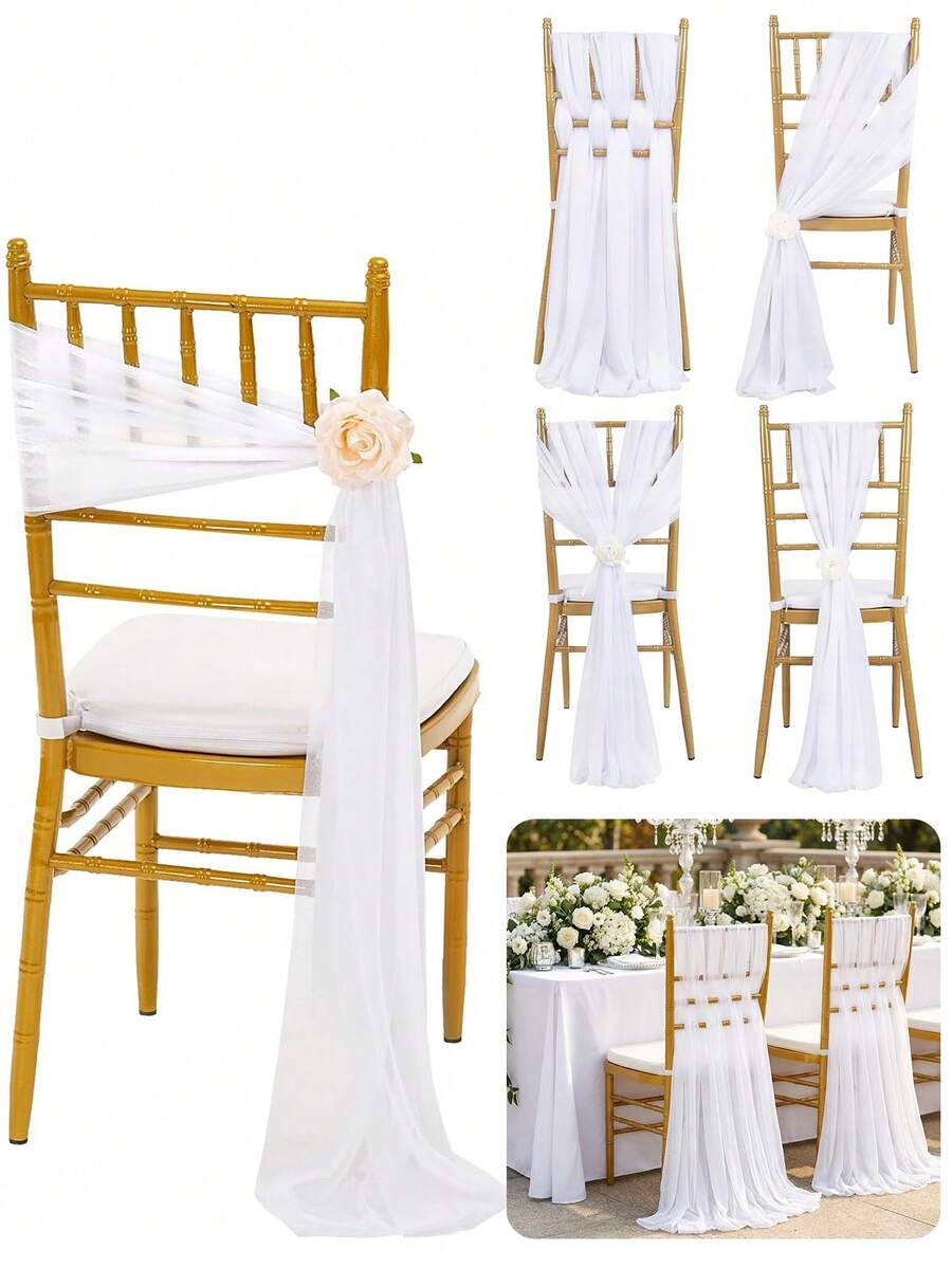 10pcs Elegant White Chiffon Chair Back Sash Set, Corridor Wedding Chair Back Decor, Church Chiffon Banquet Ceremony Reception Chair Set, Photography Props, Birthday Party Home Decor - White - View 1