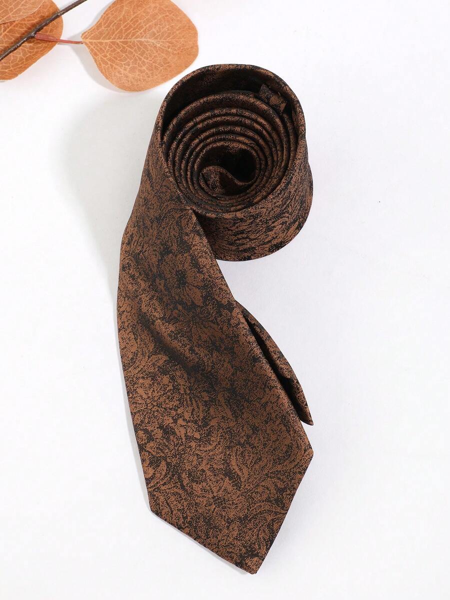 1pc Men's Vintage Brown Floral Jacquard Necktie, Retro Damask Pattern Formal Business Tie For Wedding/Party/Work - Multicolor - View 1