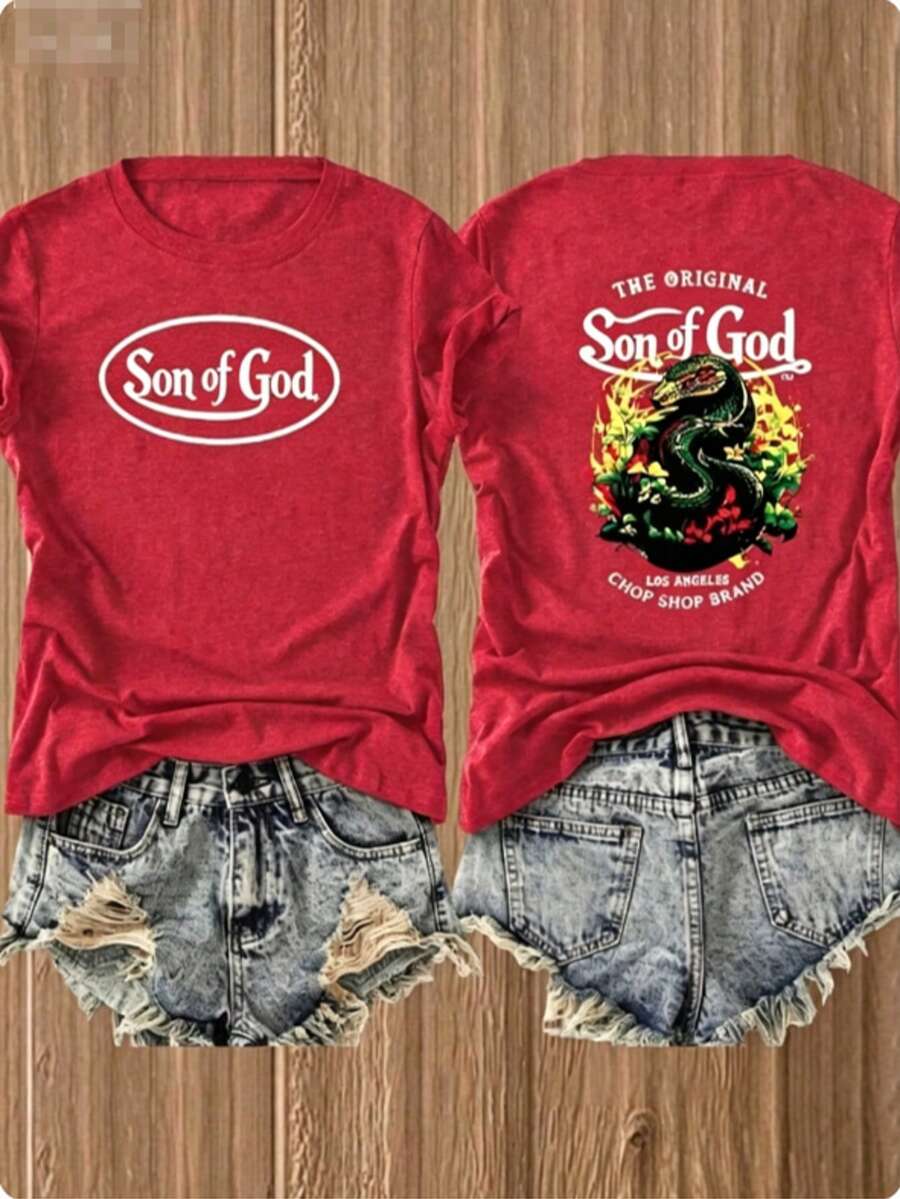 Women's Red Graphic Cotton T-Shirt, Short Sleeve Crew Neck Casual Top With 'Son Of God' Print For Summer Festival Outfits - 紅色1 - 查看 1