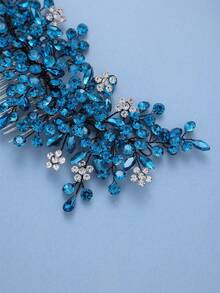 Elegant Black Metal Wire Blue Crystal Leaf Bridal Hair Comb, Handmade Rhinestone Beaded Hair Accessory, Wedding Hair Ornament, Suitable For Bride, Bridesmaid, Prom - Blue - View 3