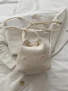 Solid Color Mini Straw Woven Foldable Drawstring Shoulder Bag (Flower Position And Color Randomly Vary) - Beige - View 11