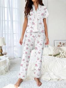 2件組優雅碎花女款睡衣套裝 V領蕾絲拼接家居服套裝 適合居家穿著 - 白色 - 查看 5