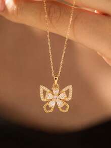 1pc Elegant Butterfly Shaped Necklace, Copper Inlaid With Clear Cubic Zirconia, Gold Tone Stainless Steel Link Chain, Women's Jewelry For Gift/Date - Multicolor - View 2