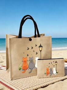 Large Capacity Women's Fashion Handbag, Cat Back Print Tote Bag, Supermarket Shopping Travel Storage Bag, Simple And Fashionable, Linen Handbag, Back To School Storage, Outdoor Travel Storage, Suitable For Girls, College Students, White-Collar Workers, Suitable As Birthday Gift, Teacher's Day Gift, Graduation Gift, Back To School Gift, Holiday Souvenir, Wedding Accessory - Multicolor - View 4
