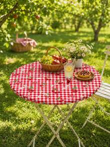 1 buah Taplak Meja Bundar Elastis Motif Cherry & Gingham Musim Panas, Penutup Meja Kain Elastis Kotak-kotak Merah, Pelindung Anti Selip yang Dapat Digunakan Kembali untuk Piknik Luar Ruangan, BBQ Halaman Belakang, Balkon, Dapur & Ruang Makan, Dekorasi Musim Panas Retro yang Lucu - MultiWarna - View 7