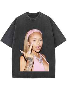 Women's Y2K Streetwear Oversized Graphic Tee, Casual Cotton Round Neck Short Sleeve T-Shirt - 黑色 - 查看 1
