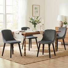 Goeurvant Modern Minimalist Vertical-Stripe Upholstered Dining Chairs With Ergonomic Back & Solid Wood Legs For Living Room, Kitchen, Bedroom - Set Of 2 / Set Of 4 / Set Of 6---Dark Grey (Velvet) - 深灰(黑腿) - 查看 2