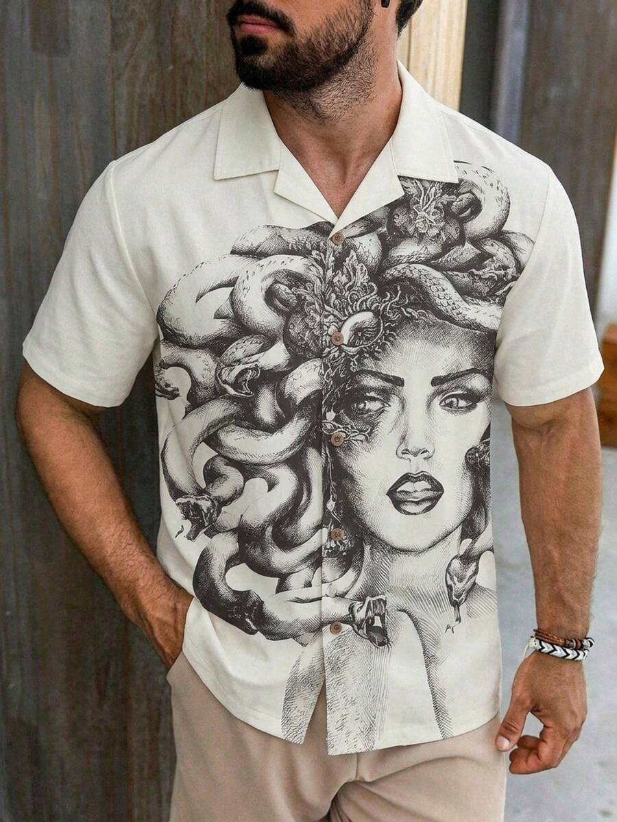 Men's Fashion Medusa Print Short Sleeve Shirt - Black - View 1