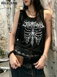 Women's Y2K Grunge Goth Tank Top, Skeleton Print Sleeveless Soft Breathable Top For Streetwear Casual Halloween, Multiple Colors Available - 黑 色 - 查看 1