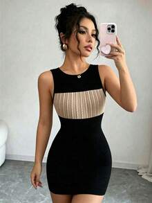 wsb - Colección de ropa femenina de moda  Vestido de verano ajustado y sexy con textura y sin mangas para mujer - Albaricoque - Ver 7
