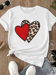 Leopard Print T-Shirt With Heart And LOVE Lettering, Retro Boho Aesthetic Style, Short Sleeves, Round Neck, Summer - 白色的.... - 查看 1