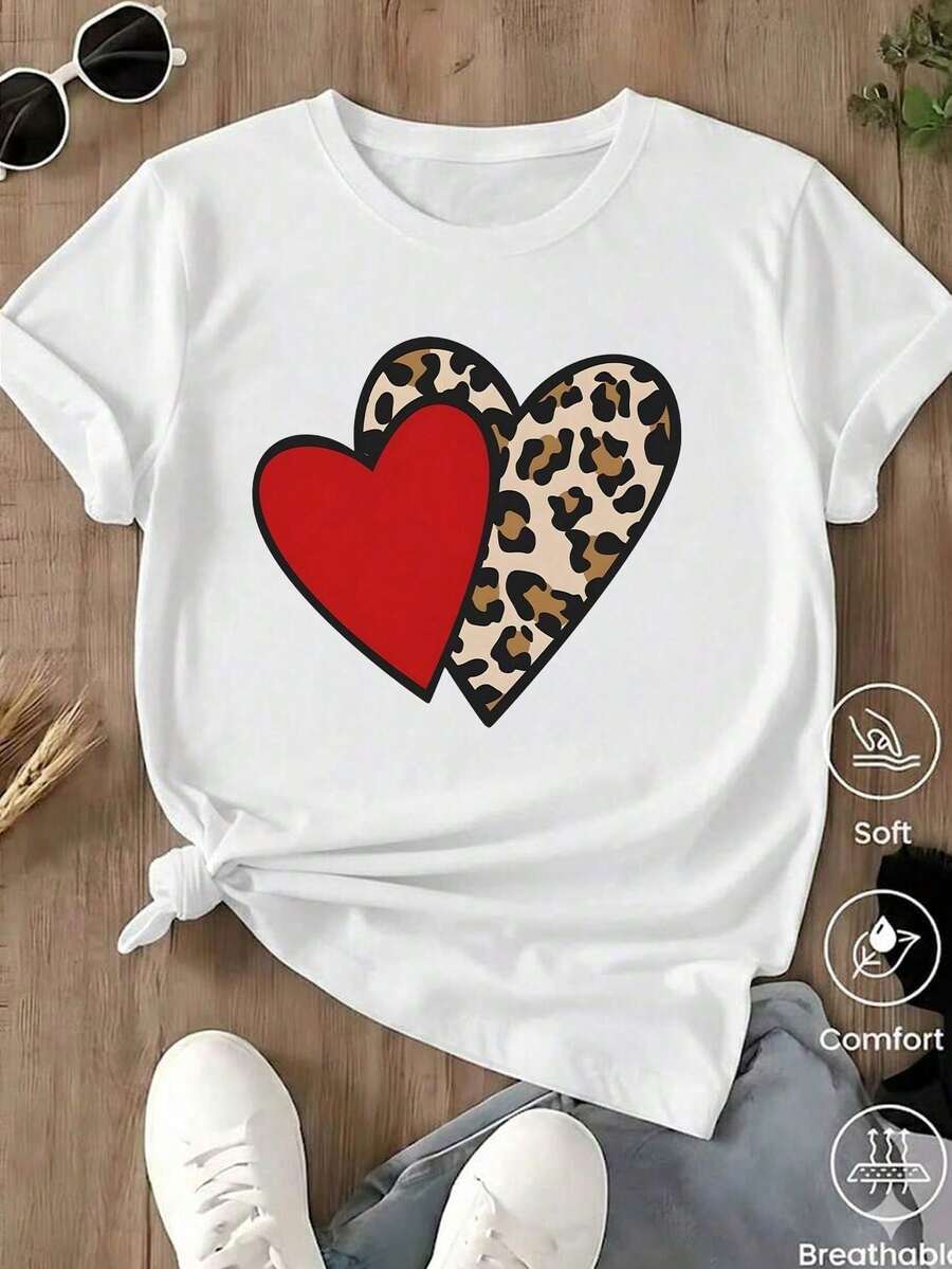 Leopard Print T-Shirt With Heart And LOVE Lettering, Retro Boho Aesthetic Style, Short Sleeves, Round Neck, Summer - 白色的.... - 查看 1