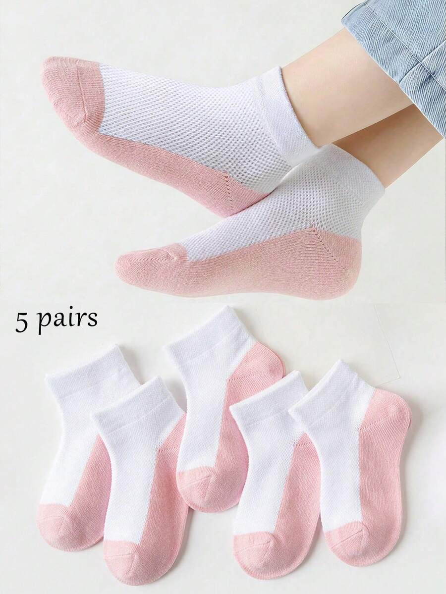 5 Pairs Children's Thin Short Socks For Spring And Summer, Breathable White And Pink Mesh Socks, Girls' Ankle Socks, Contrast Color Design, Suitable For School And Daily Casual Sports - Multicolor - View 1
