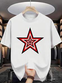 Camiseta casual de verano para hombre con estampado de estrellas audaces  , tejido elástico, marrón con diseño gráfico rojo y negro, ligero para gimnasio y actividades al aire libre. - Blanco - Ver 1