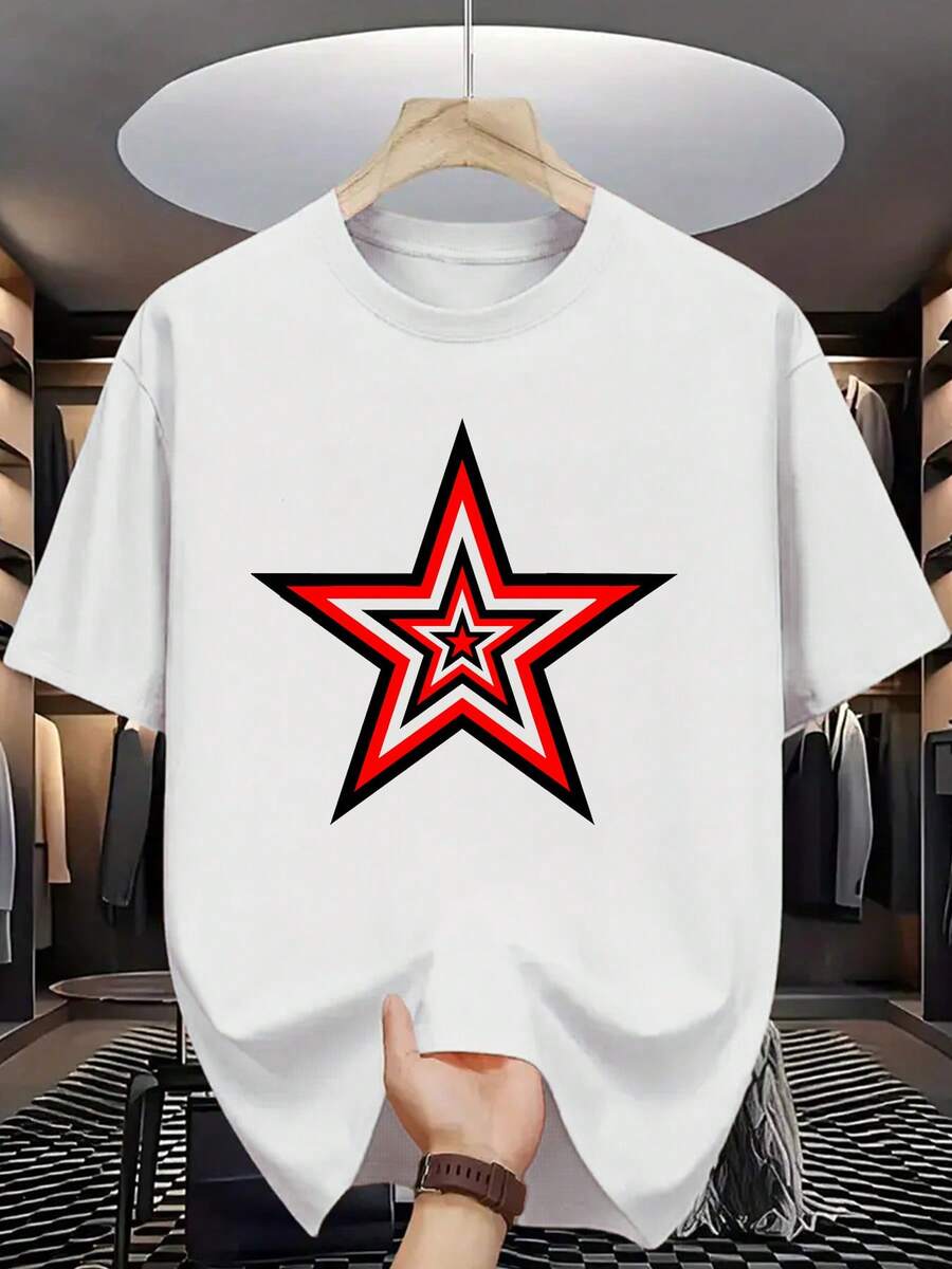 Camiseta casual de verano para hombre con estampado de estrellas audaces , tejido elástico, marrón con diseño gráfico rojo y negro, ligero para gimnasio y actividades al aire libre. - Blanco - Ver 1