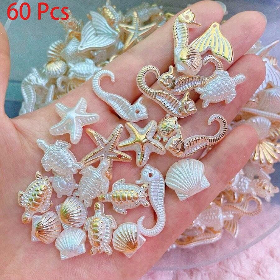35/60 Pcs Ocean Style Beads, Shell Beads Conch Seahorse Pentagram Shapes. DIY Spacer Beads For Jewelry, Bracelets, Hair Decor, Phone Case & Crafts - White - View 1