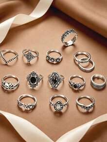 1 set de anillos apilables para mujer estilo retro europeo y americano, diseño de loto hueco, corona con incrustaciones de diamantes de imitación, gota de aceite colgante, 14 piezas - Plata antigua - Ver 2