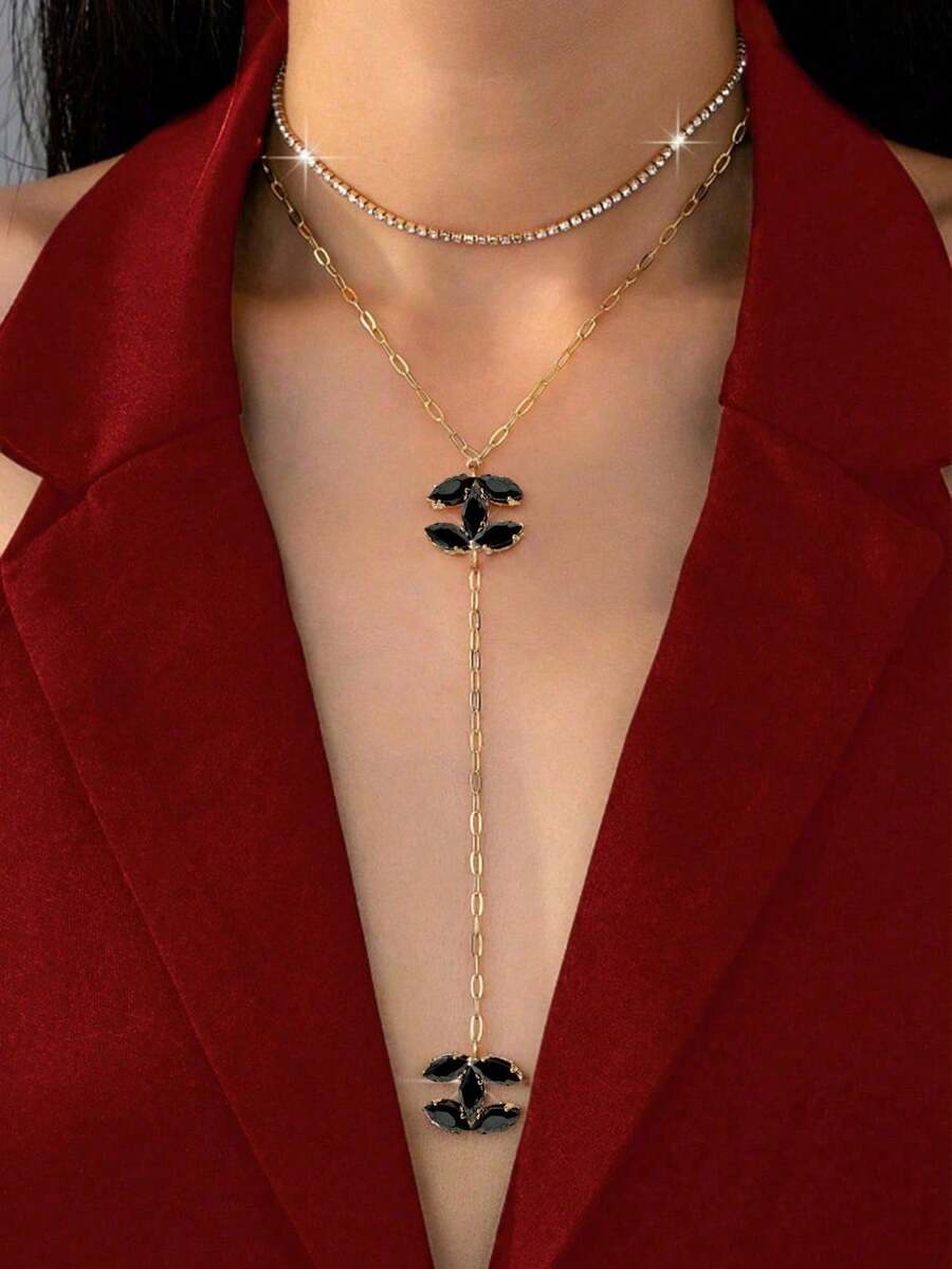 優雅水晶裝飾Y型鍊女款項鍊套組，馬眼形鋯石CC Logo吊墜項鍊，時尚珠寶套組，適合日常配戴、派對