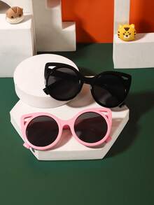 2pcs/Set Kids 6-9 Years Old Casual Cute Cat Ear Fashion Glasses, Solid Color Polycarbonate Frame, Tinted Lenses, Lightweight, Suitable For Outdoor Activities, With Glasses Case - Multicolor - View 1