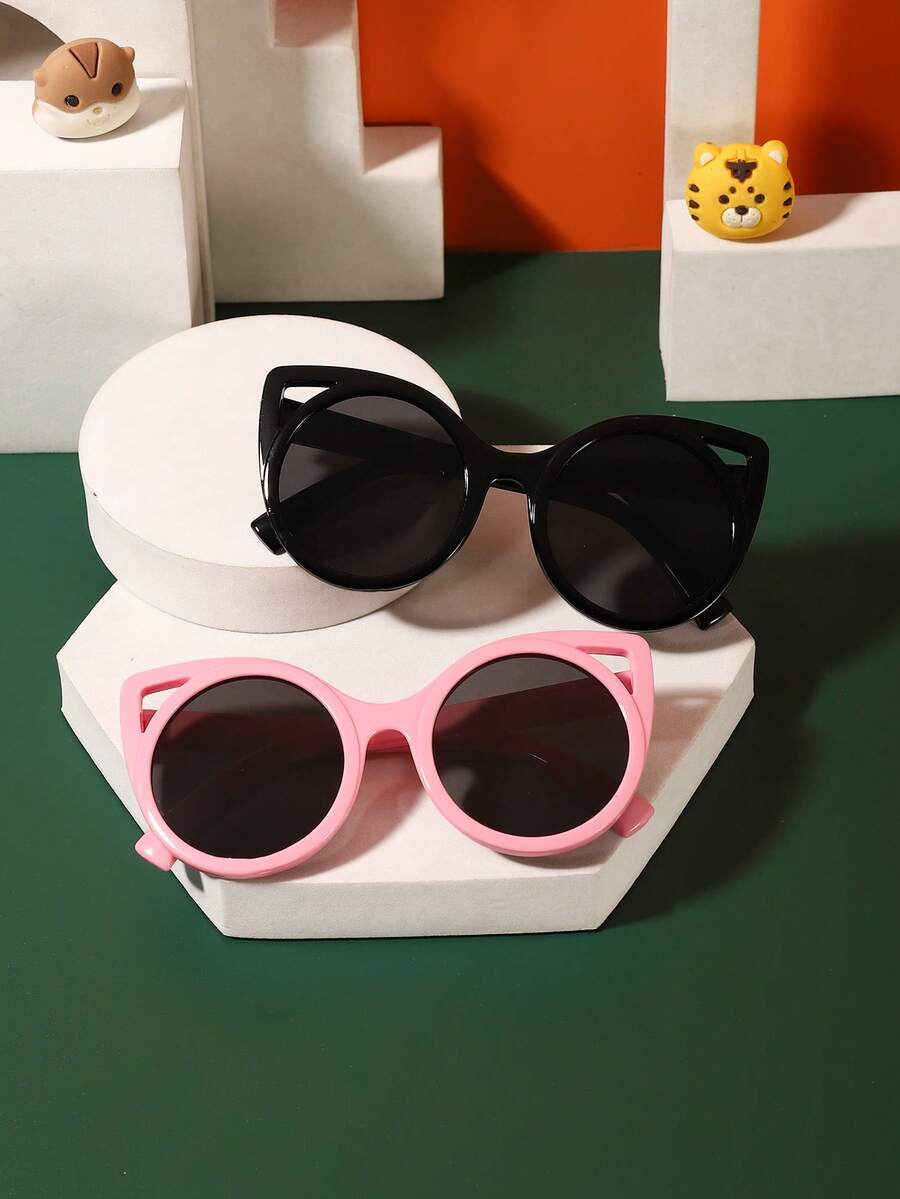 2pcs/Set Kids 6-9 Years Old Casual Cute Cat Ear Fashion Glasses, Solid Color Polycarbonate Frame, Tinted Lenses, Lightweight, Suitable For Outdoor Activities, With Glasses Case - Multicolor - View 1
