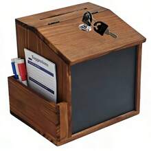 Rustic Wooden Suggestion Box Tip Jar Donation Wall Mounted Box W/Slot Lock Chalkboard - A - View 10