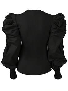 Nuevo modelo 2026:Camisas y suéteres con mangas abullonadas, cuello redondo acanalado y volantes. - Negro - Ver 5