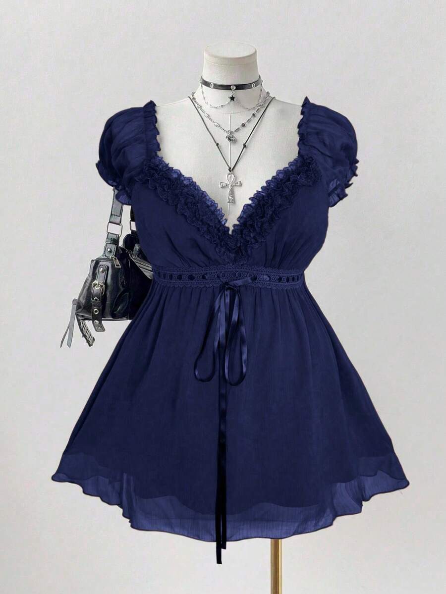 Elegant Blouse With Lace Trim In A Solid Color, Perfect For Summer - Red - View 1