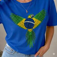 Women's T-Shirt With Green Macaw Print, Brazilian Flag Design, 100% Cotton - Blue - View 1