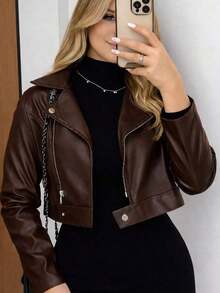 Women's Faux Leather Biker Jacket With Zipper And Buttons, Elegant And Modern, For Winter, Autumn, And São João (Saint John's Day). - 鏽棕色 - 查看 3