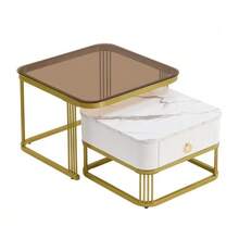 Stackable Coffee Table: Glossy Marble Look, Gold Details, Side Table With Drawers. Set Of Two Pieces. - White 1 - View 11