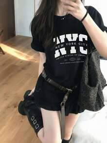 Women's Casual NYC Letter Graphic T-Shirt, Black Round Neck Short Sleeve Drop Shoulder Knit T-Shirt Streetwear Style - Black - View 3