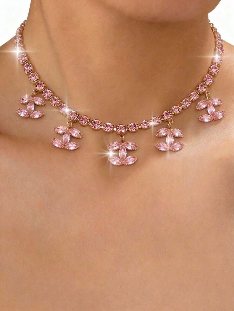 優雅水晶飾品Y型鏈女款項鍊套組，馬貴斯切割鋯石CC Logo吊墜項鍊，時尚珠寶套組，適合日常配戴、派對