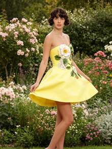 Chic Women's Yellow Sleeveless A-Line Mini Dress, Featuring Strapless Neckline And Exquisite 3D Rose Details, Perfect For Fashionable Parties - Màu vàng - Xem 6