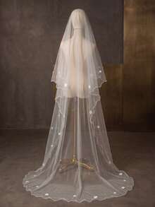 1pc Women's Single Layer Cathedral Style Pearl Flower Wedding Veil, White Ivory, For Wedding Party - Multicolor - View 2