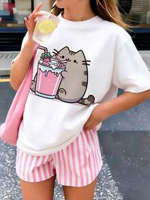 Camiseta de Algodón para Niñas - Estampado de Gatita Rosa Bebiendo Té con Leche - Cuello Redondo - Manga Corta - Primavera, Verano y Otoño - Ideal para Jugar y Salidas Casuales Una camiseta - Blanco - Ver 1